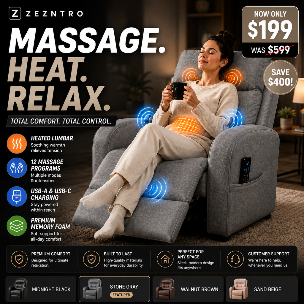 ZEZNTRO CALMREST PRO Heated Massage Recliner in Stone Gray