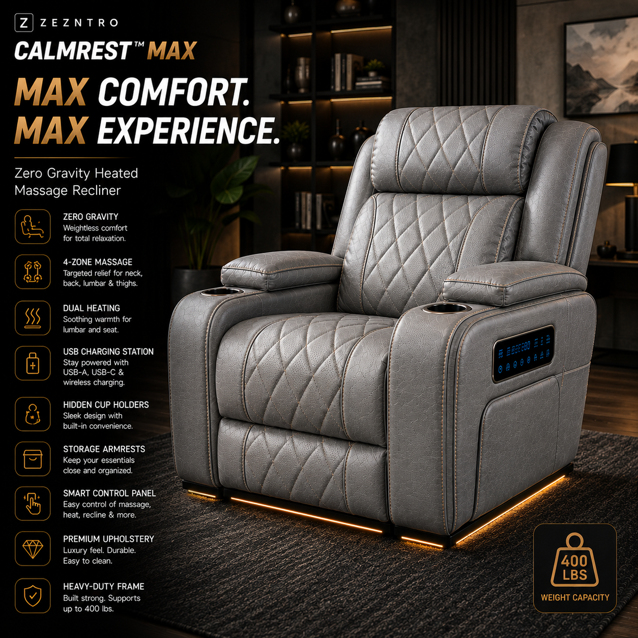 ZEZNTRO CALMREST MAX Zero Gravity Recliner in Stone Gray