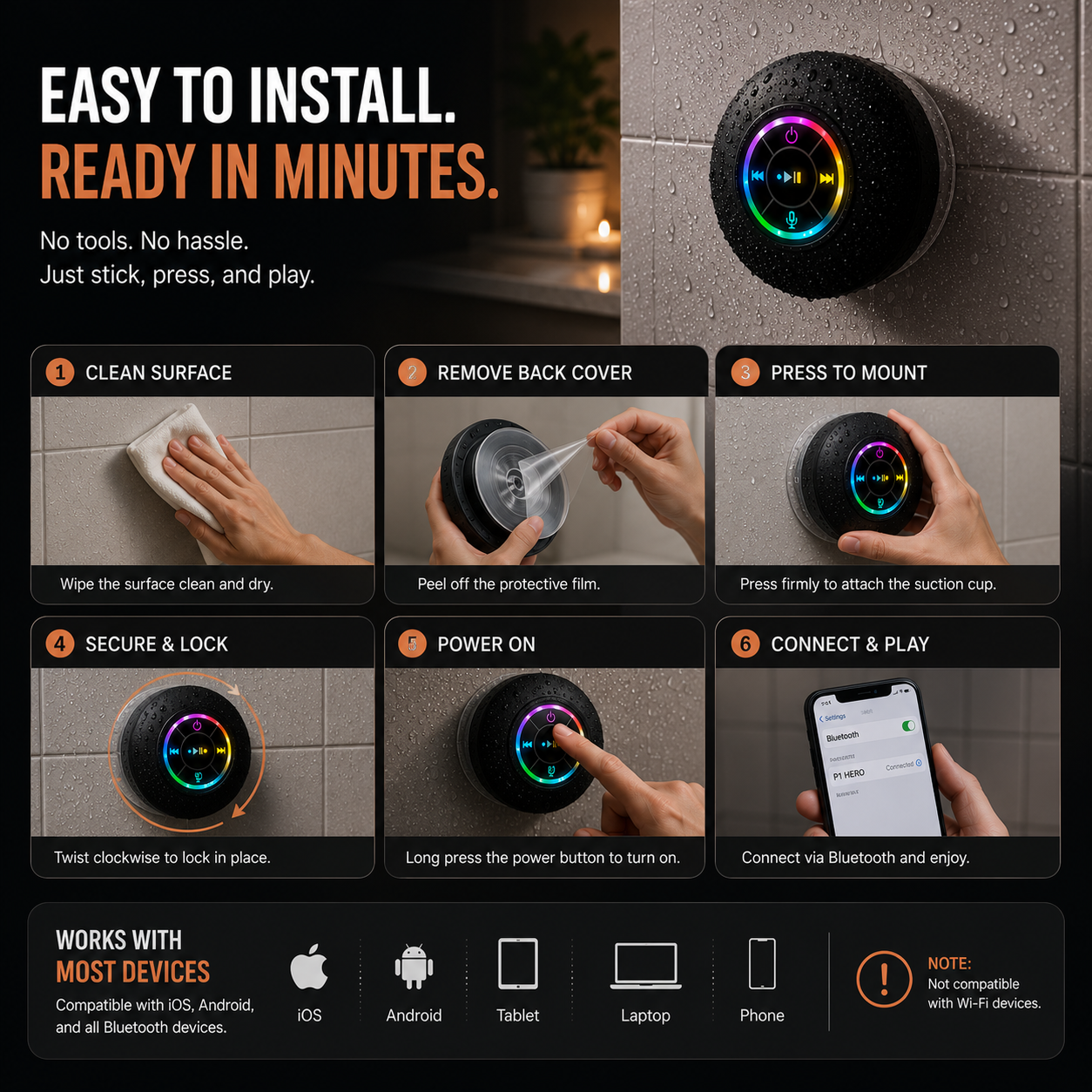AQUABEAT™ Waterproof RGB Shower Speaker System