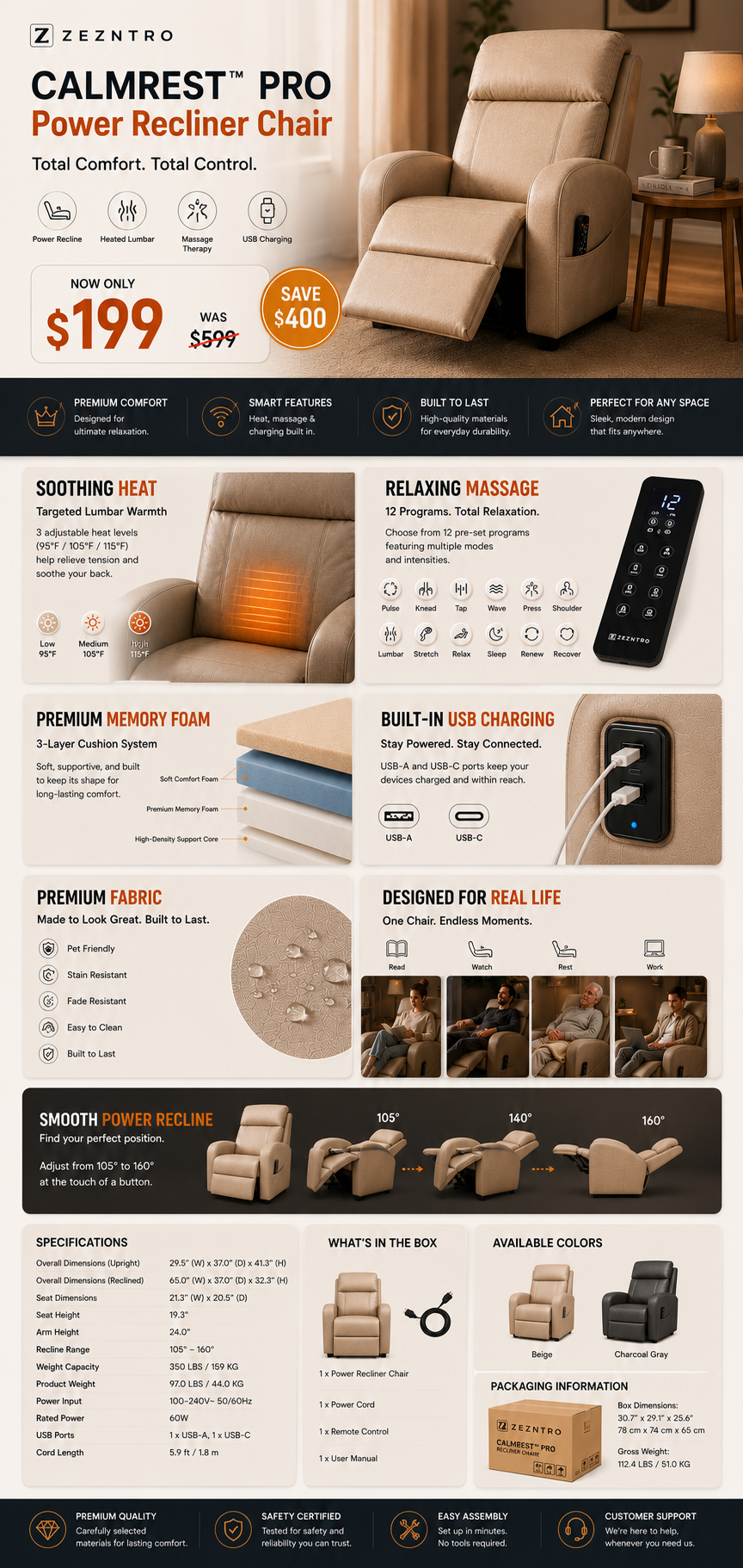 ZEZNTRO CALMREST PRO Heated Massage Recliner - Lifestyle